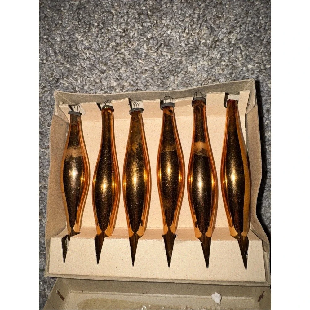 Vtg SHINY BRITE BOX OF 6-Teardrop MINIATURE ORNAMENTS Gold Orangish *flaw 1 tip